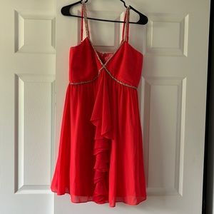 Fun and Flirty coral cocktail dress with silver beading! Weddings and Parties!